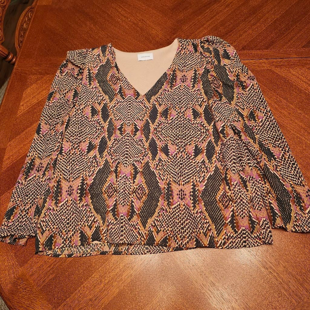 Women's ADRIENNE Blouse L Brown Black Snake Print A2